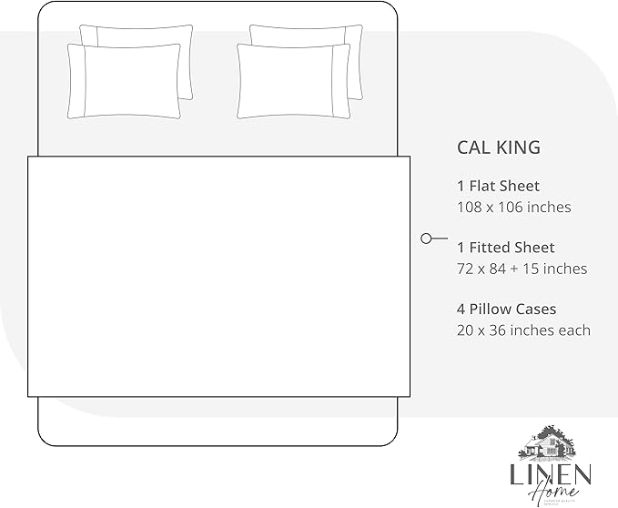 Linen Home 100% Cotton Percale Sheet Set, Cal King Size, Baby Blue, Deep Pocket, 6 Pieces Set - 1 Flat, 1 Deep Pocket Fitted Sheet and 4 Pillowcases, Crisp Cool and Strong Bed Linen