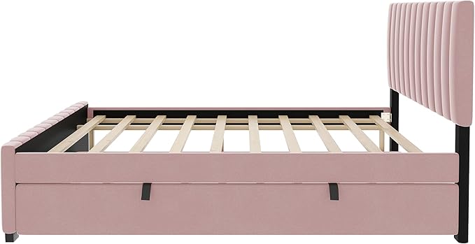 Full Bed Frame with Trundle Bed,Velvet Upholstered Platform Bed Frame,Full Size Trundle Bed with Headboard for Kids Teens Adults(Pink)