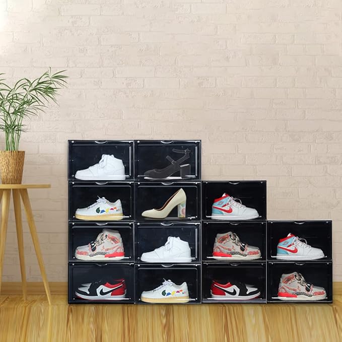 XL clear shoe storage boxes stackable, 8 Pack Large Shoe Boxes Clear Plastic Stackable, Drop side Sneaker Container Fit Size 13 (Black 8 Pack)