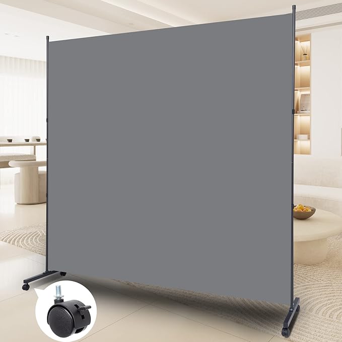 Room Divider Folding Privacy Screens with Wheels, 6FT Tall Divider for Room Separation, Movable Room Partitons and Dividers, Indoor Room Dividers Panel with Fabric (Grey, 1 Panel-71‘’-Wheels)