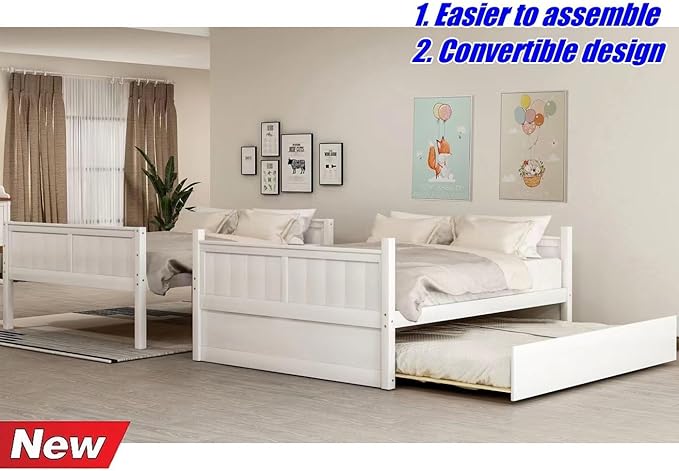 TSAMPA Latest Upgraded & Stronger Heavy Duty Solid Wood Full Over Full Bunk Bed with Trundle, Thickened Safer Convertible Bunk Bed Frame Full Over Full Size Bunk Bed (Easier to Assemble) (White)