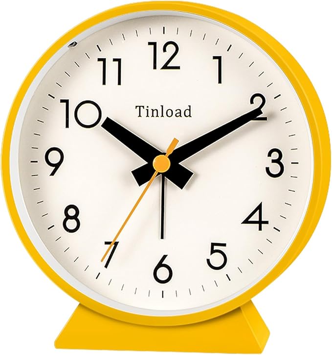 4.5" Battery Operated Antique Retro Analog Alarm Clock, Small Silent Bedside Desk Clock,Lighted on Demand, Battery Operated, Snooze, for Living Room, Bedroom, Bedside, Desk(Yellow)