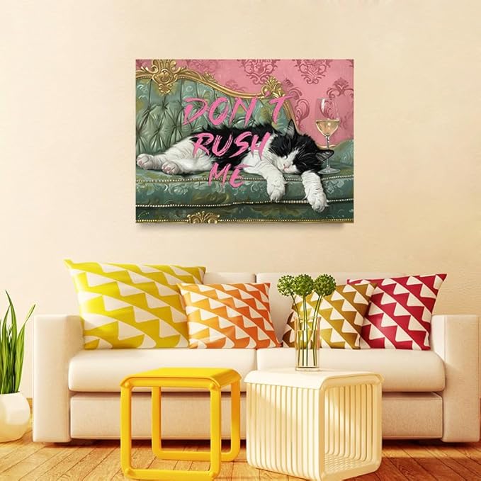 Pveror Funny Cat Wall Art Canvas Dont Rush Me Sleeping Black White Cat Painting Vintage Sofa Style Humorous Decor for Living Room Bedroom Office Pet Lover Gift Modern Home Decor 12x16 Inches