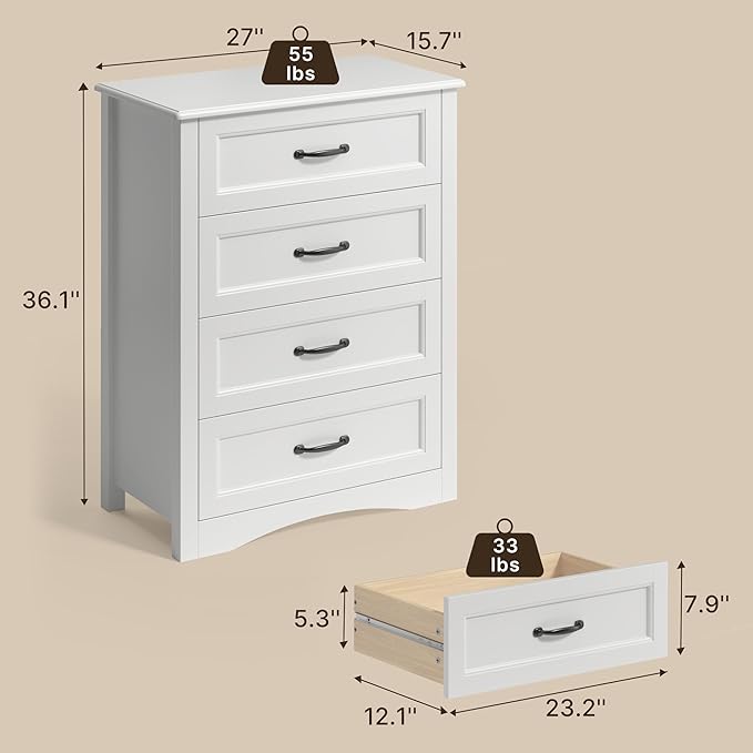 Gizoon Dresser for Bedroom with 4 Drawers Wooden Chest of Drawers for Closet Dresser Storage Unit Organizer for Hallway Living Room and Office, White