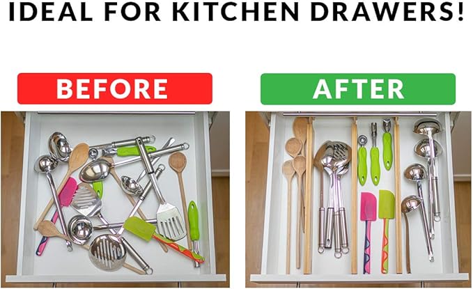 Adjustable Bamboo Drawer Dividers Organizers Expandable (12-16") Kitchen Drawer Organizer Spring Loaded for Kitchen, Dresser, Bathroom, Bedroom, Desk 6-pack Small