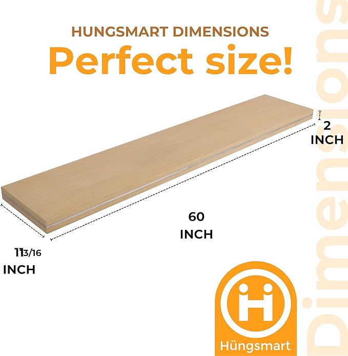 HÜNGSMART 60 Inch Wooden Floating Shelf – Supports 300lbs - Engineered Wood - 5 Foot Long – Oak Finish with Stainless Steel Insert– Includes Laser Welded Precision Wall Bracket (60 x 11 13/16 inches)