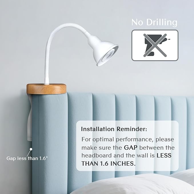 Solfres Patented Innovative Design Headboard Reading Light. No Drilling Golden Book Light for Bedtime Reading. Dimmable LED Book Reading Lamp with Bulb. Movable & Flexible, White