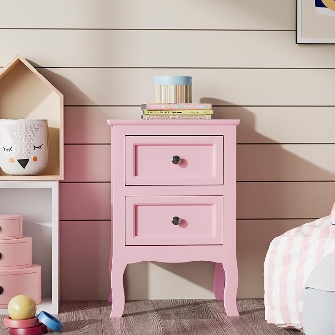 Bonnlo Nightstand Set of 2, Nightstands with 2 Drawers, Bed Side Table/Night Stand, Pink Nightstand, Small Nightstand for Bedroom, College Dorm, Kids’ Room, Living Room, Wood, 16W x 12D x 24H