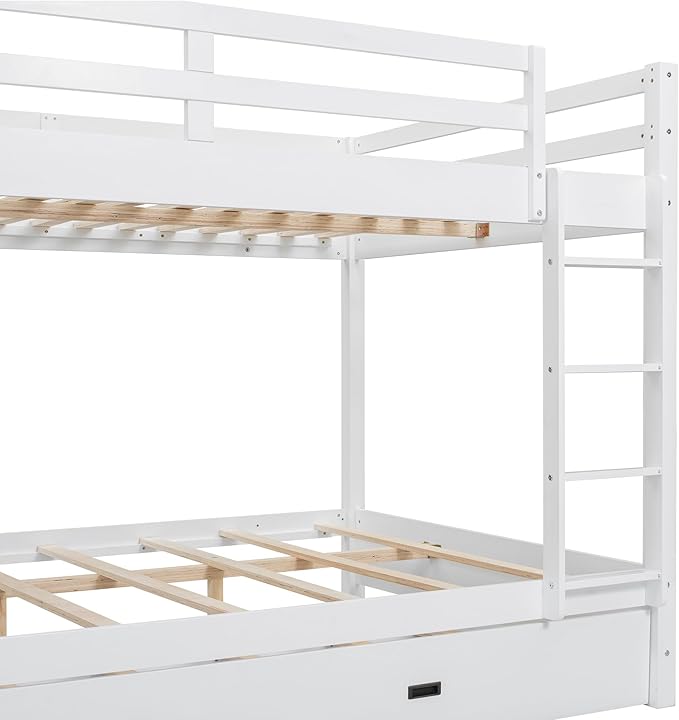 Bellemave Queen Over Queen Size Bunk Bed with Trundle for Kids/Adults,Solid Wood Bunk Bed Frame Queen Size with Ladder & Safety Guardrails,White