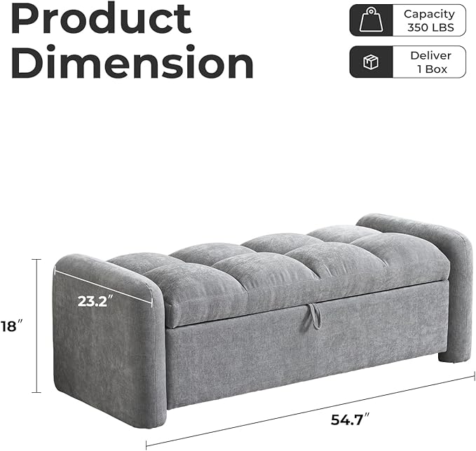 Oversized Chenille Ottoman Bench with Storage, Upholstered End of Bed Bench for Bedroom, Ottoman Foot Rest for Living Room, Light Grey