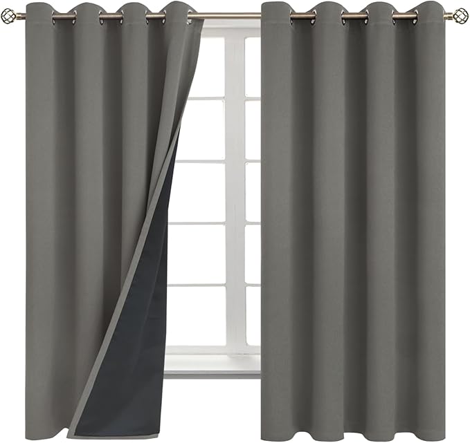 BGment Thermal Insulated 100% Blackout Curtains for Bedroom with Black Liner, Double Layer Full Room Darkening Noise Reducing Grommet Curtain (52 x 63 Inch, Grey, 2 Panels)