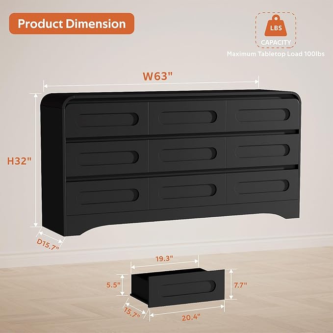 Dresser for Bedroom with 9 Drawers, 63" Large Modern Dressers & Chest of Drawers with Curved Profile Design, Wood Closet Clothes Storage Long Dressers Organizer for Bedroom Living Room Hallway, Black