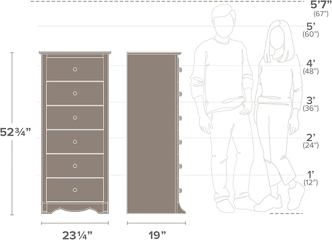 Prepac Sonoma 6 Drawer Dresser for Bedroom, Tall Chest of Drawers, Bedroom Furniture, Clothes Storage and Organizer, 19" D x 23.25" W x 52.75" H, White