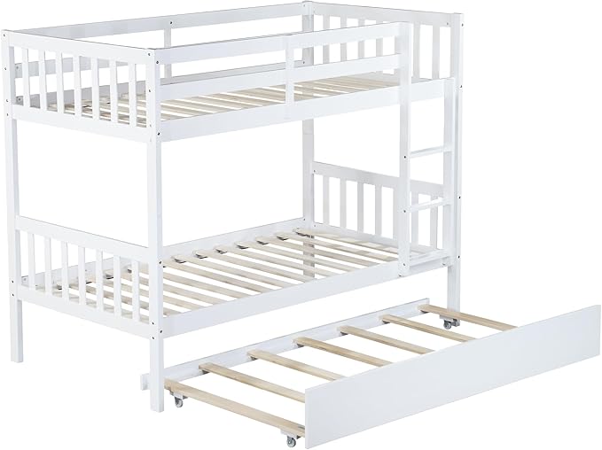 Bellemave Twin Over Twin Bunk Bed with Trundle,Convertible Bunk Beds with Ladder & Safety Guardrails,Twin Size Bunk Beds for Kids Girls Boys,White