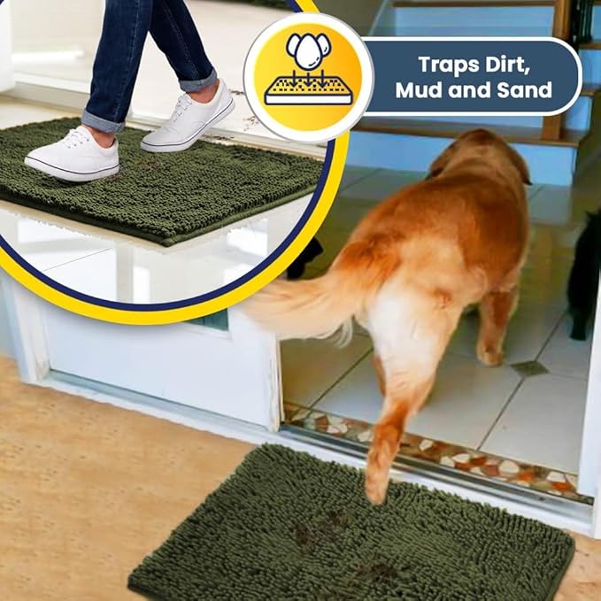 Muddy Mat® | Super Absorbent Door Mat Indoor, Microfiber Quick Dry Chenille Entryway Rug, Non-Slip Front Door Mat, Indoor Mats for Entryway, Machine Washable Pet Rug, Army Green 24"x60"