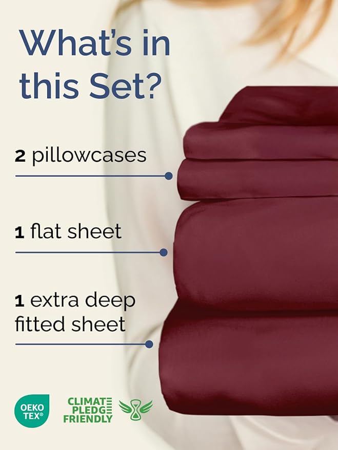 Extra Deep Twin Sheet Set - 4 Piece Breathable & Cooling Sheets - Hotel Luxury Bed Sheets Set - Easy & Secure Fit - Soft, Wrinkle Free & Comfy Sheets Set - Burgundy Sheet Set with Extra Deep Pockets