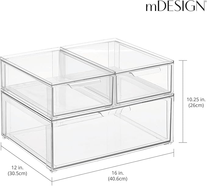 mDesign Plastic Stackable Bathroom Storage Organizer Bin Containers with Front Pull Drawer for Bathroom Countertop, Vanity, Closet Shelves - Holder for Accessories, Lumiere Collection, Set of 3, Clear