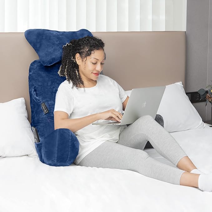 SLIGUY Reading Pillow-Bed Rest Pillow with Detachable Neck Roll & Higher Support Arm for Sitting in Bed Couch or Floor-Backrest Reading Pillow Adult Back Pillow for Reading/Watching TV/Gaming,Blue