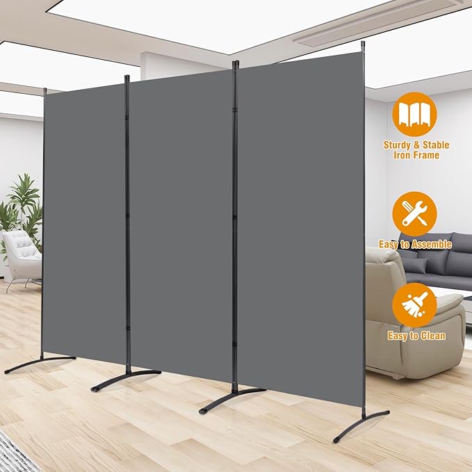 6 FT Tall Room Divider Screen Fabric Wall Divider with Metal Frame, 3 Panel Folding Privacy Screens, Portable Room Divider Panel, Freestanding Room Divider Partition for Office Bedroom Study, Grey