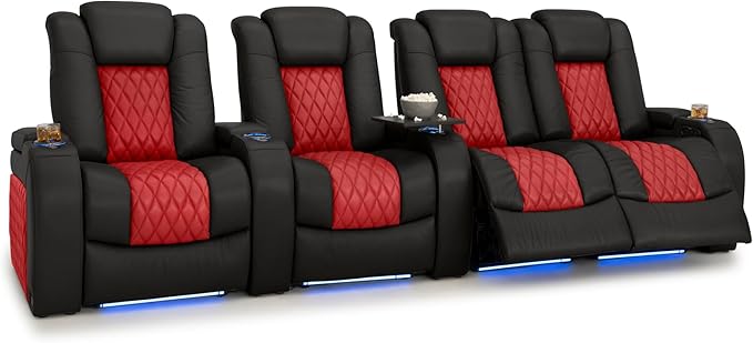 Seatcraft Diamante Zero-Gravity CoolZero Italian Leather Home Theater Seating, Power Headrest, Power Recline, Row of 4 Right Loveseat, Black/Red