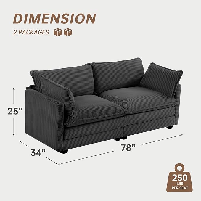 ROWHY 78'' Sectional 2 Seat Cloud Loveseat with 2 Throw Pillows, Modern Corduroy Love Seat, Convertible Cozy Sofa for Living Room, Bedroom and Office, Dark Grey