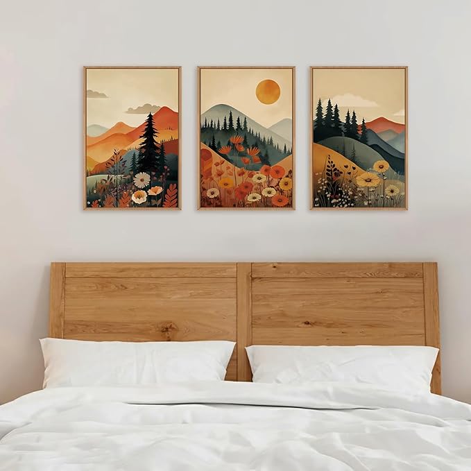 LHIUEM Large Boho Mountain Sunset Framed Canvas Wall Art Set, Pine Tree Flowers Wall Decor, Nature Landscape Forest Artwork for Living Room,Bedroom,Dining Room,Office -16"x24"x3