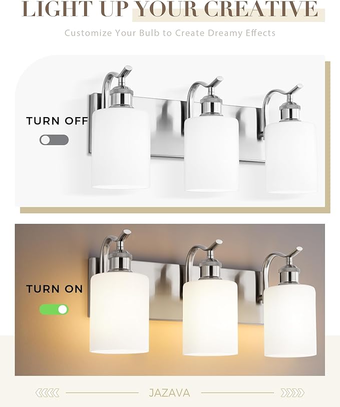 Milk Glass Bathroom Light, 3-Light Vanity Light Fixture, Brushed Nickel Wall Sconce, VL01BNW-3