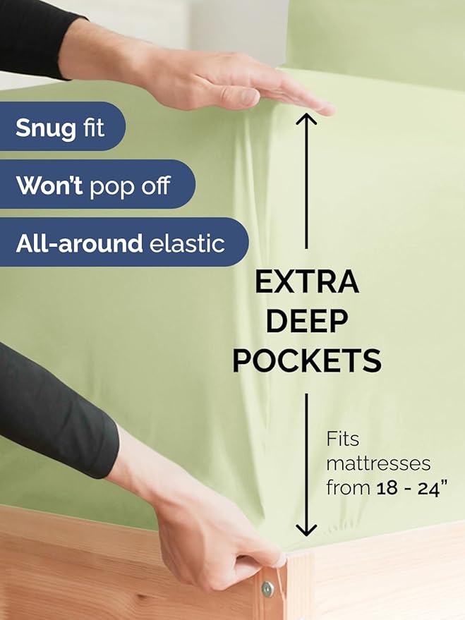 Extra Deep Twin Sheet Set - 4 Piece Breathable & Cooling Sheets - Hotel Luxury Bed Sheets Set - Easy & Secure Fit - Soft, Wrinkle Free & Comfy Sheets Set - Light Sage Sheet Set with Extra Deep Pockets