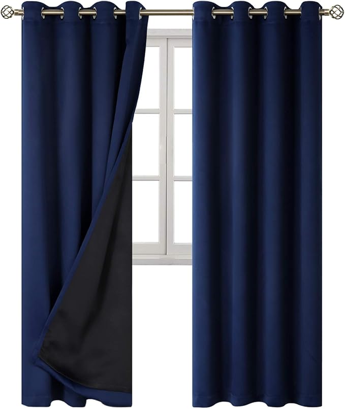 BGment Thermal Insulated 100% Blackout Curtains for Bedroom with Black Liner, Double Layer Full Room Darkening Noise Reducing Grommet Curtain (52 x 84 Inch, Navy Blue, 2 Panels)
