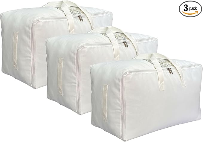 Soft Large Canvas Comforter Storage Bags with Four Carrying Handles and Clear Window, Closet Organizer for Clothing, Blankets Sheets Pillows and Bedding, 80L, 3 Pack, White