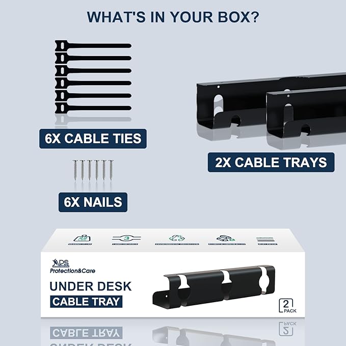 APS Under Desk Cable Raceway Tray 2 Pack - 16" Sturdy Metal Cord Organizer, No Drill Clamp Mount for Wire Hiding, Holds 15lbs+ for Office Home Desks - Black