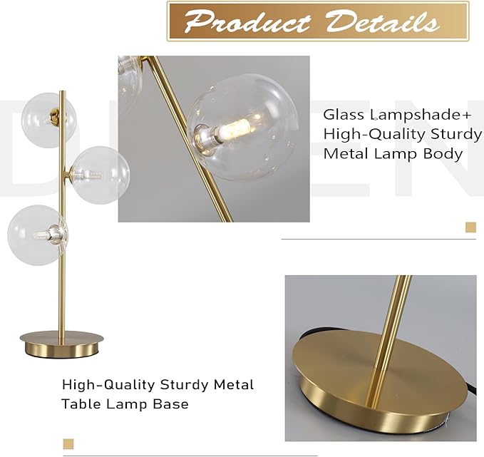 Glass Table lamp Gold,3-Globe Table lamp Tall,Reading Lamp for Bedroom Living Room Study Room