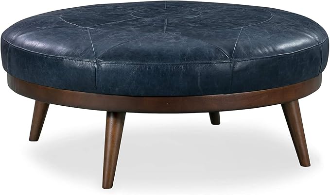 POLY & BARK Gio Ottoman – 30” Round with Feather-Down Topper – Full-Grain Leather Upholstery – Couch Ottoman for Living Room – Vintage Italian Leather in Midnight Blue