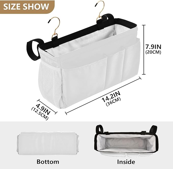 KOPIRIT White Bedside Caddy Storage Bag Bedside Organizer for Bunk Bed Headboards College Hanging Storage Organizer 6 Pockets with Hooks for Drinks Magazine Phone Holder