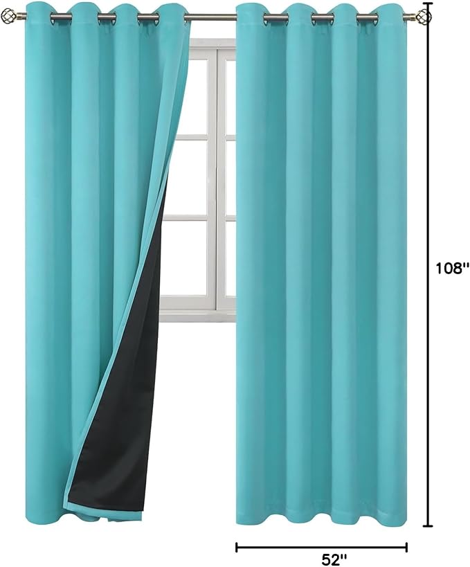 BGment 100% Blackout Curtains 108 Inch Long 2 Panles Set, Thermal Insulated Total Light Locking Soundproof Grommet Curtains & Drapes for Living Room with Black Liner, 52 Inch Wide Each, Aqua