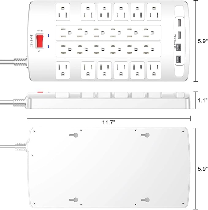 QINLIANF Surge Protector Power Strip - 10Ft Flat Plug Heavy Duty Extension Cord with 24 Outlets and 4 USB Ports(2 USB-C Ports), 1875W/15A, 4100J, for Home, Office, Dorm, ETL Listed, White