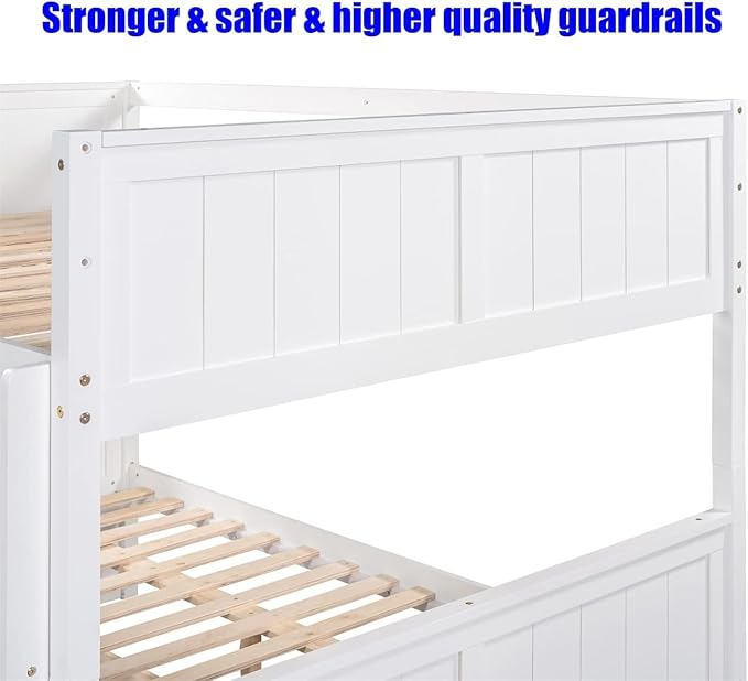 TSAMPA Latest Upgraded & Stronger Heavy Duty Solid Wood Full Over Full Bunk Bed with Trundle, Thickened Safer Convertible Bunk Bed Frame Full Over Full Size Bunk Bed (Easier to Assemble) (White)
