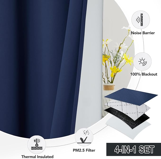 RYB HOME Dustproof Curtains for Large Window, Soundproof Thermal Insulated Blackout Curtains for Sliding Glass Door Furance Office Dorm Bedroom Living Room, Navy Blue, W62 x L95 inch, 2 Panels