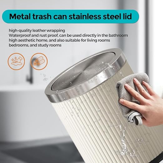 4 Gallon Bathroom Trash Can with Swing Lid, White Silver Leather Garbage Can, Modern, Large, Big Waste Basket, for Bedroom Kitchen Powder Room Toilet (15L Elegant White)