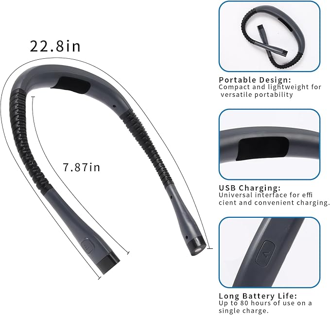 Book Light, 3-Color & 9-Brightness Reading Light, Bendable Neck Light, 80-hr Lasting Rechargeable Lamp, Perfect Book Light for Reading in Bed, Knitting, Camping (Grey, Classic)