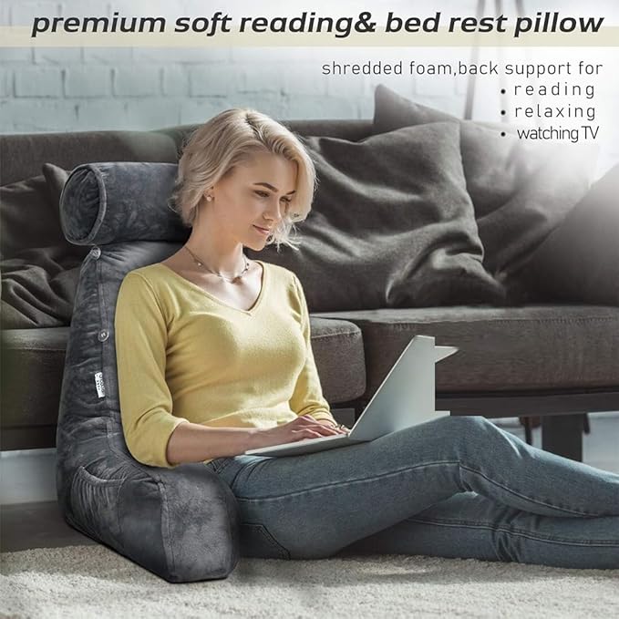 mittaGonG Extra Large Reading Pillow for Sitting in Bed Adult with Detachable Neck Support Cushion & Backrest Pillow for Bed with Arms and Side Pocket Shredded Foam Back Pillow with Washable Cover