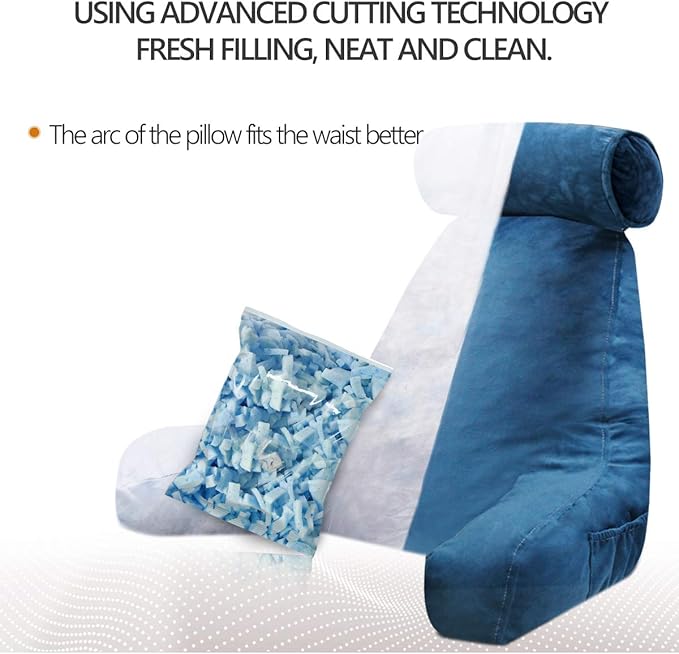 mittaGonG Reading Pillow for Sitting in Bed Adult with Detachable Neck Roll & Big Backrest Pillow for Bed Sitting up with Arms Side Pocket Shredded Foam Back Pillows Chair Pillow with Washable Cover