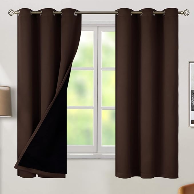 BGment Thermal Insulated 100% Blackout Curtains for Bedroom with Black Liner, Double Layer Full Room Darkening Noise Reducing Grommet Curtain (42 x 63 Inch, Brown, 2 Panels)
