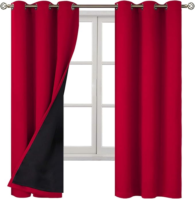 BGment Christmas 100% Blackout Curtains Thermal Insulated with Liner for Living Room Decoration - Grommet Double Layer Energy Saving Bedroom Curtain Drapes (42 x 63 Inches, Red, 2 Panels)