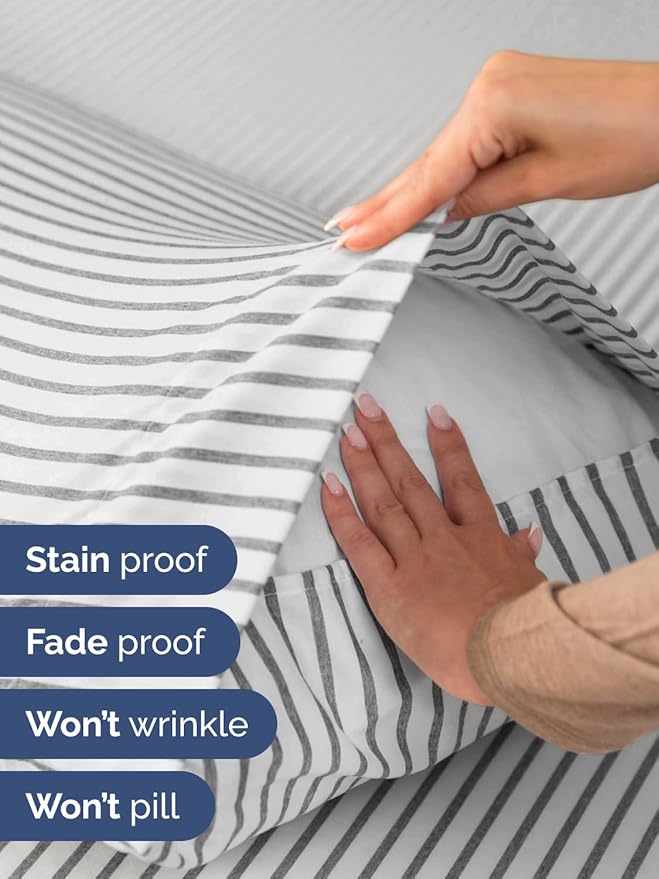 Extra Deep Twin Sheet Set - 4 Piece Breathable and Cooling Sheets - Hotel Luxury Bed Sheets Set - Easy Fit - Soft, Wrinkle Free and Comfy Sheets Set - Grey Striped Sheet Set with Extra Deep Pockets