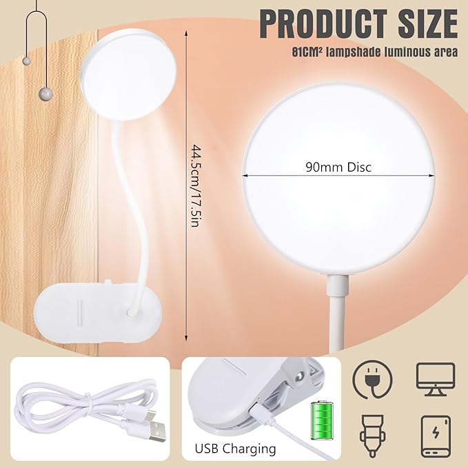 Retisee 12 Pcs Clip on Lamp Bulk LED Reading Light Book Lamp Clamp for Bed with 3 Brightness Level Night Light Clip on for Desk, Bed Headboard, USB Plug-in Style