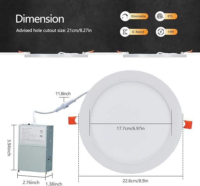 CycevSun 12 Pack 8 Inch LED Recessed Lighting with Night Light, Canless Wafer Downlight Ultra Thin, Dimmable & 5CCT Selectable, 15W, 1350LM, ETL, 120-277V, 8.2Inch Cutout