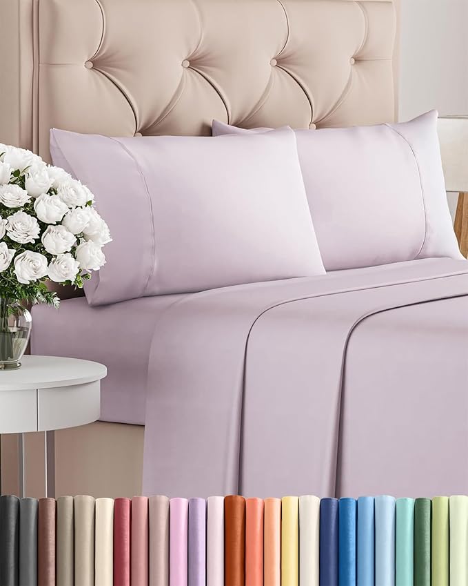 Twin XL 4 Piece Sheet Set - Cooling & Breathable - Hotel Luxury Bedding, Includes Fitted Sheet for Women, Men, Kids & Teens - 1 Flat, 1 Fitted Sheet, 2 Pillowcases w/Deep Pockets - Light Lavender