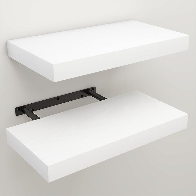 Floating Shelves for Wall, 7.9" Deep Wall Mounted Wood Shelves for Bathroom, Bedroom, Living Room, Kitchen, Hanging Shelf for Books/Storage/Room Decor (White, 16")