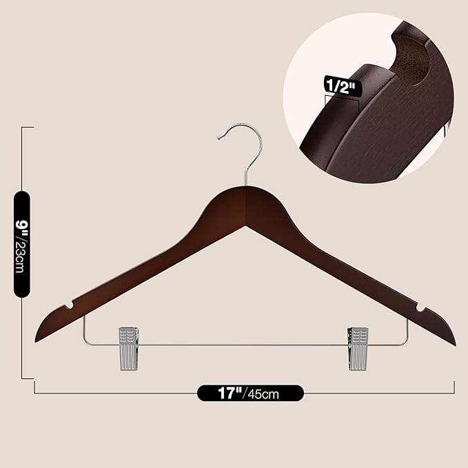 Wooden Hangers with Clips 12 PCS Pant Hangers with Clips,Smooth Solid Wooden Pants Hangers,360 Swivel Hooks & Adjustable Clips,for Jeans,Skirt,Suit,Shorts,Scarf.（Walnut）